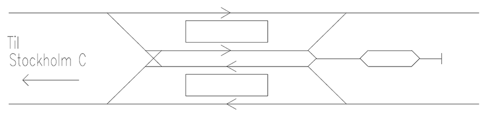 Tumba forbikjøringsstasjon i Stockholm med venstrekjøring og spor for vending av nærtrafikktog.