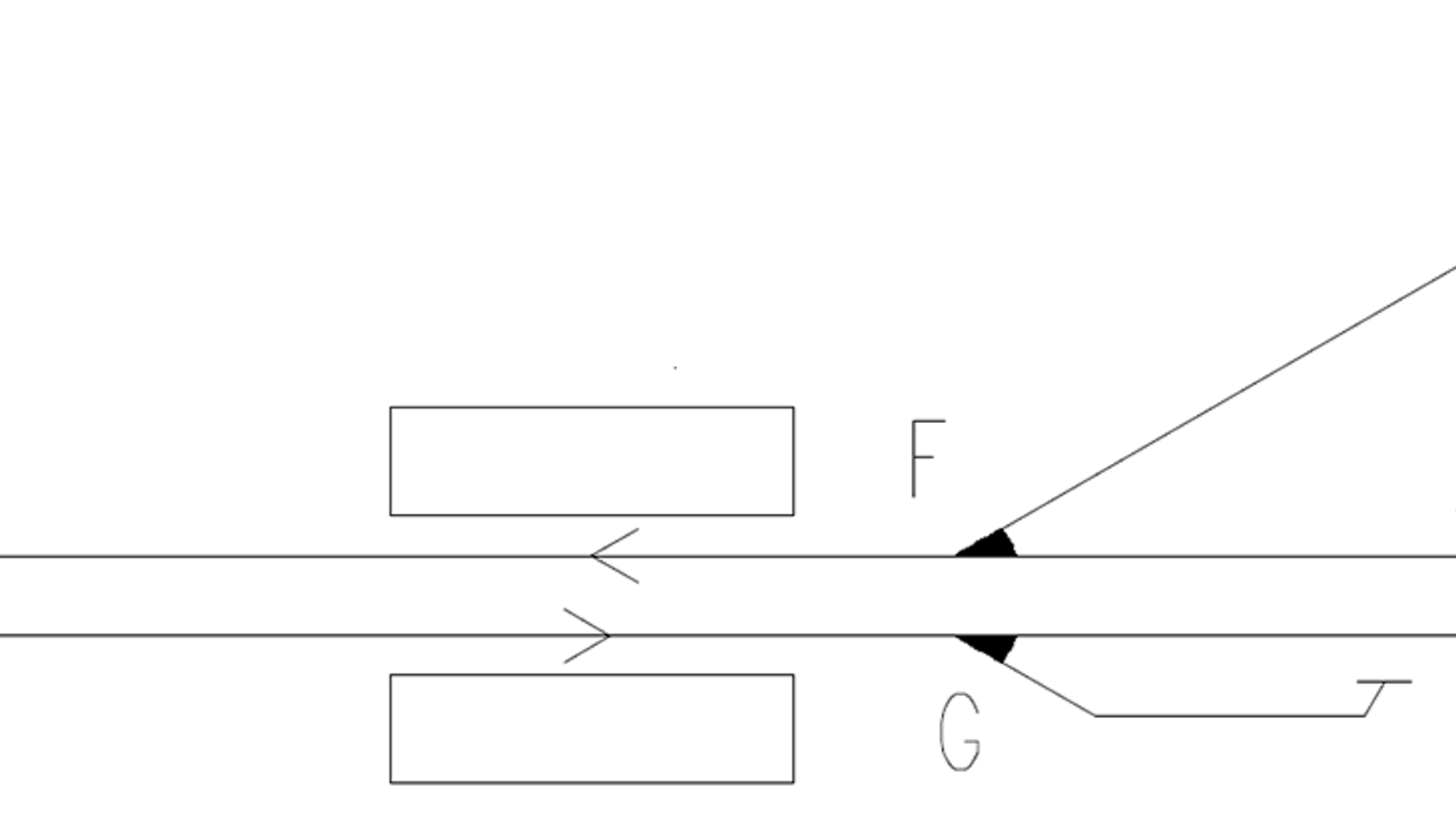 Avgreningsstasjon med to-plans løsning der krysningspunkt X fjernes, men innfasingspunkt F beholdes.