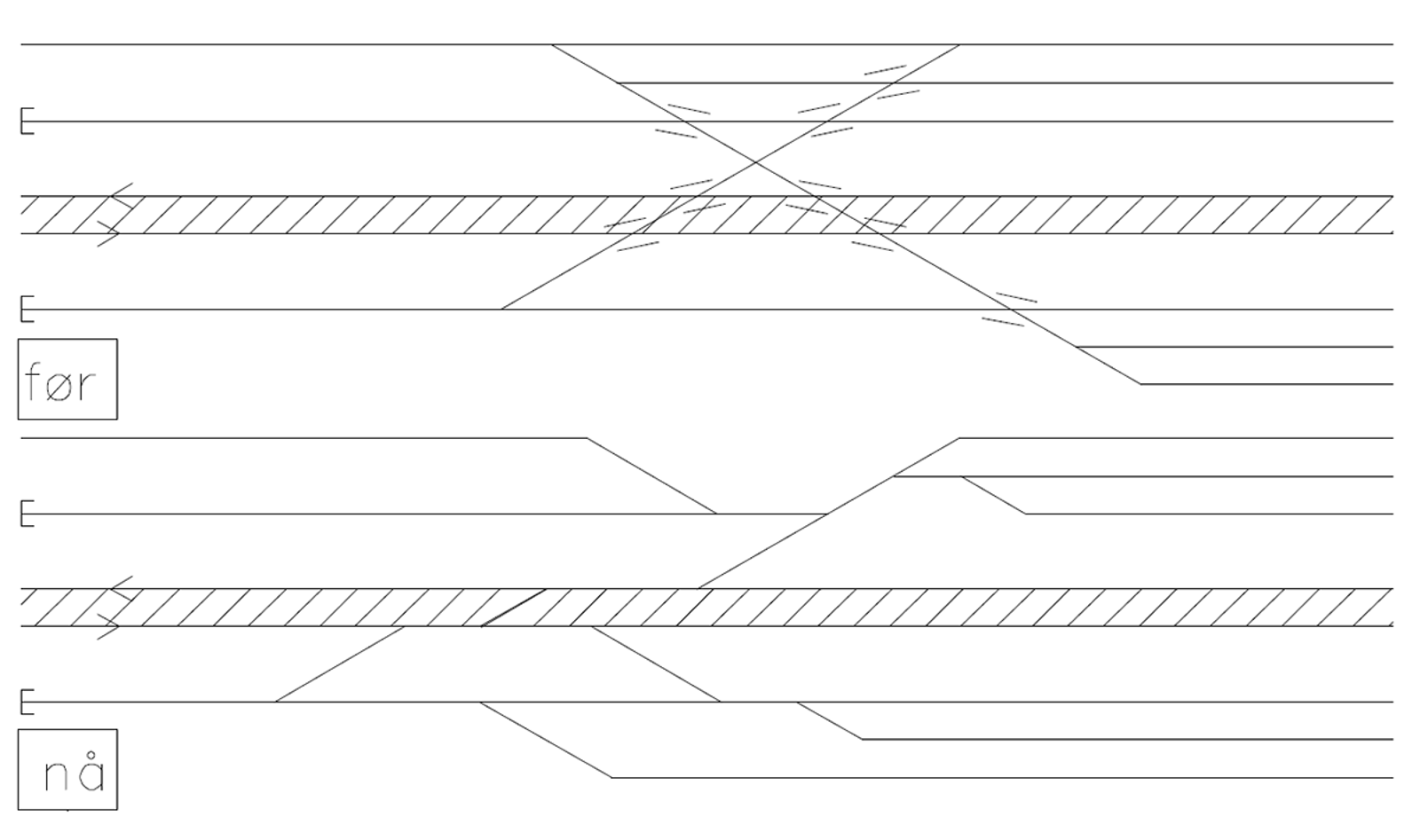 Tidligere og ny sporplan for sidespor, med færre kryssende forbindelser og færre vekselenheter.
