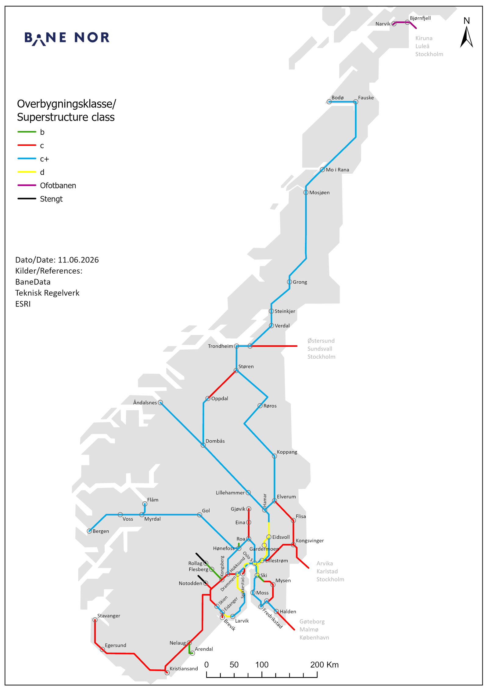 Illustrasjon: Norgeskart viser togstrekningene i Norge og deres tilhørende overbygningsklasser.