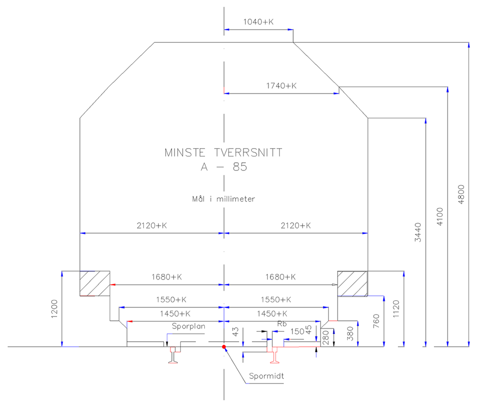 Minste tverrsnitt A-85 med mål i millimeter for tunneler.