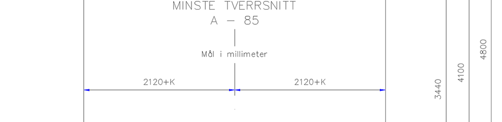 Minste tverrsnitt A-85 med mål i millimeter for tunneler.