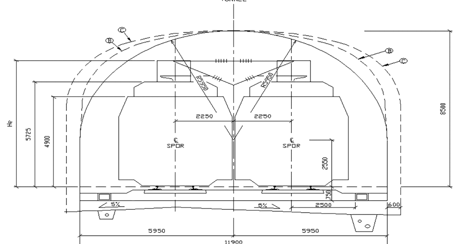 Normalprofil for dobbeltsporet tunnel med mål for plassbehov og tekniske installasjoner.