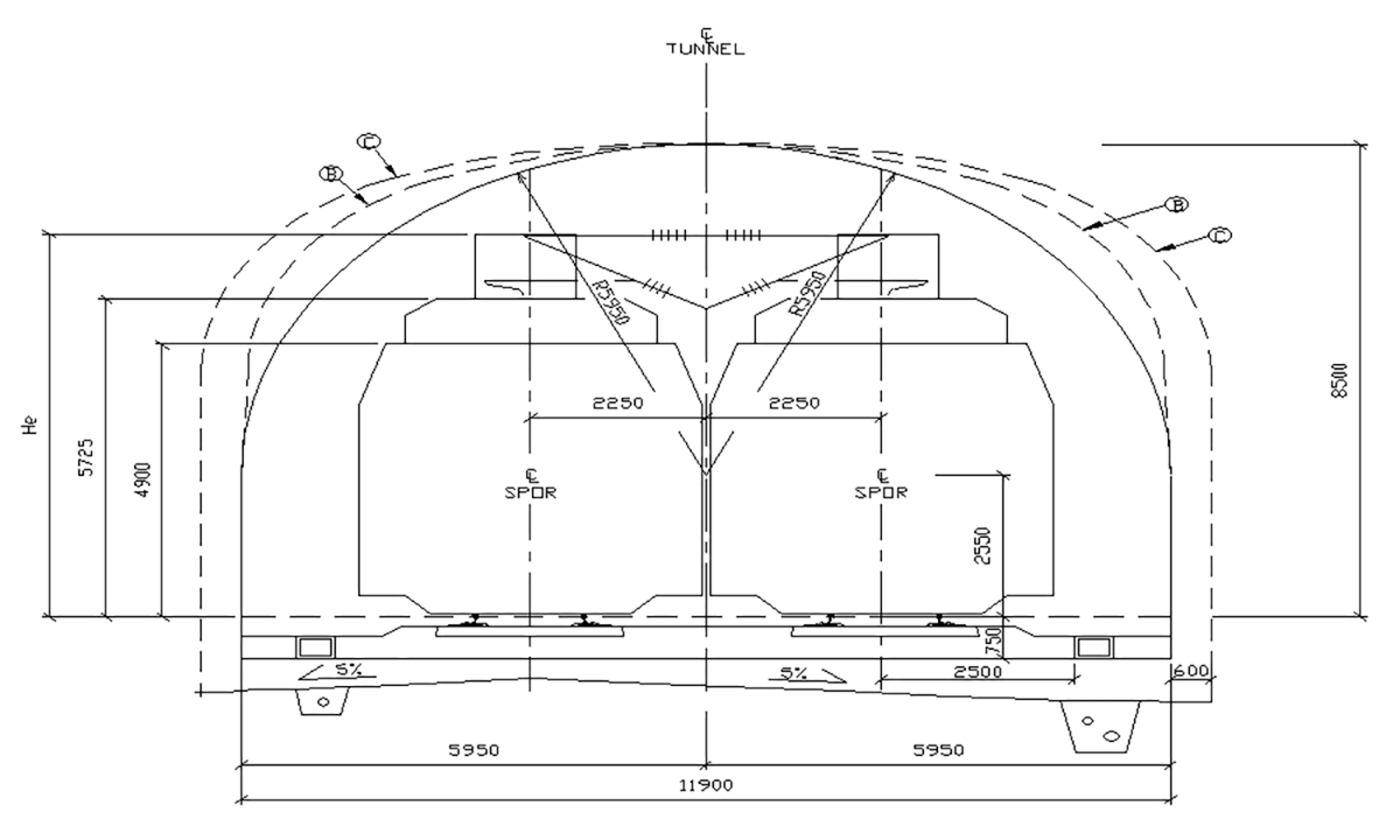 Normalprofil for dobbeltsporet tunnel med mål for plassbehov og tekniske installasjoner.