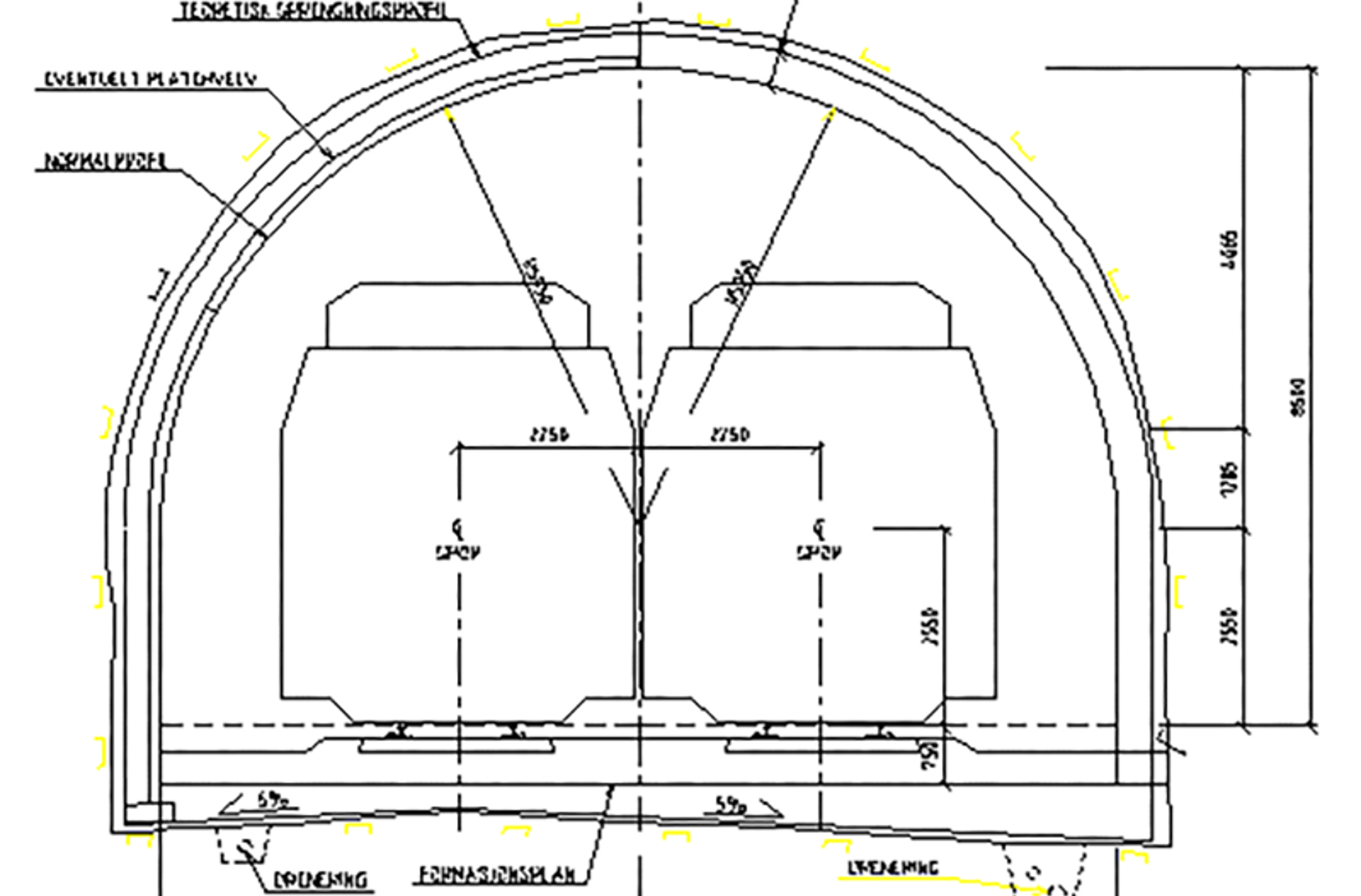 Teoretisk sprengningsprofil og normalprofil for dobbeltsporet tunnel, med avstand til sikring.
