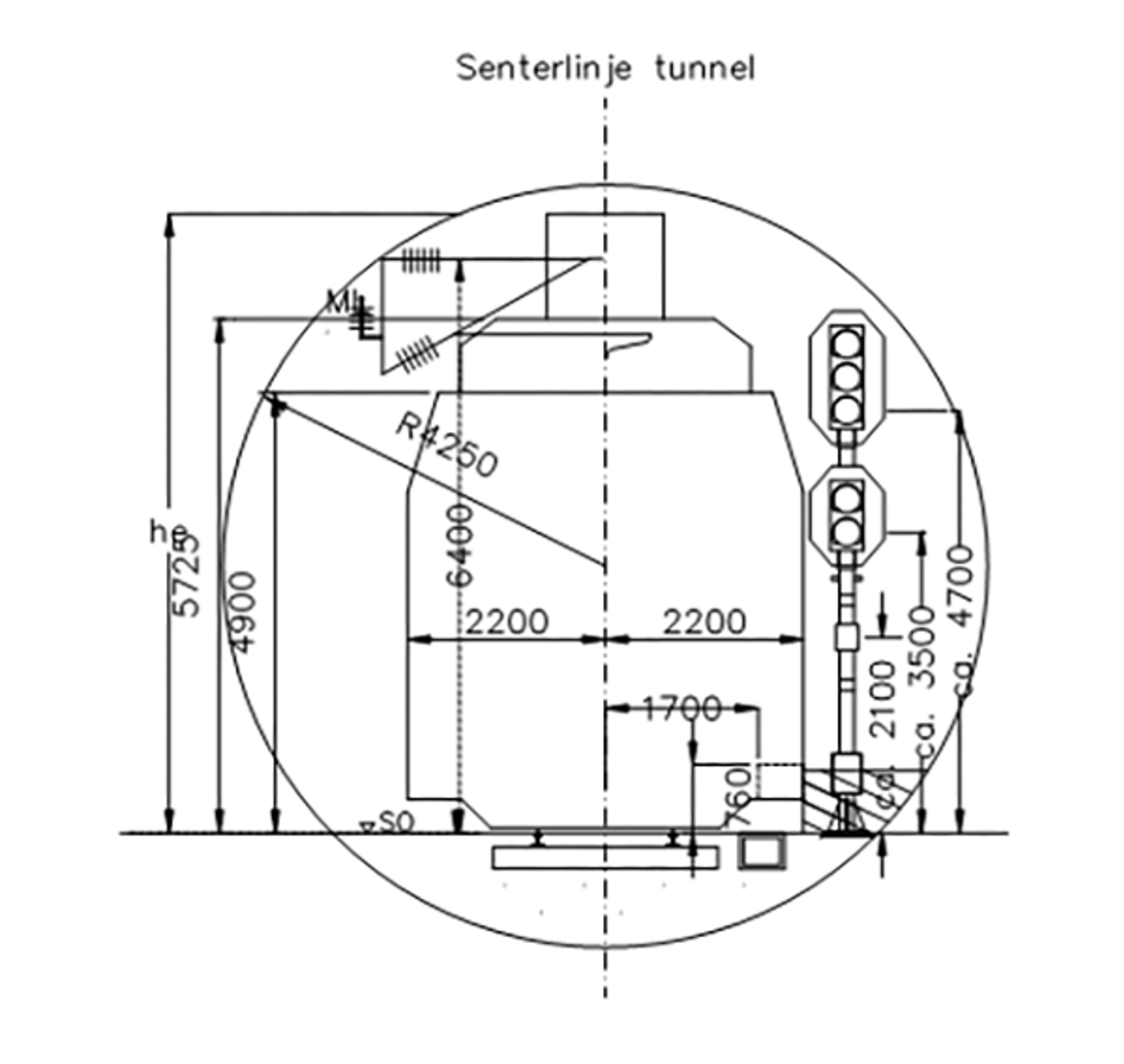 Fullprofilboret tunnelprofil med diameter 8,5 meter for enkeltsporet tunnel.