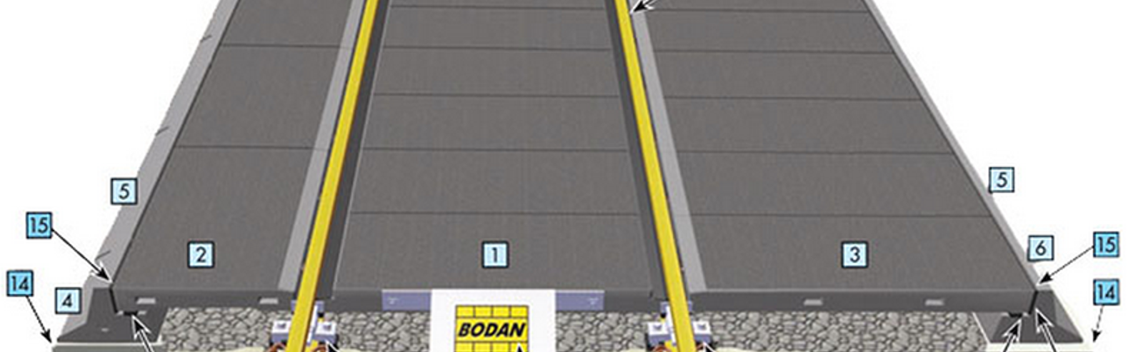 Snittillustrasjon av planovergang med prefabrikkerte betongelementer i Bodan-system