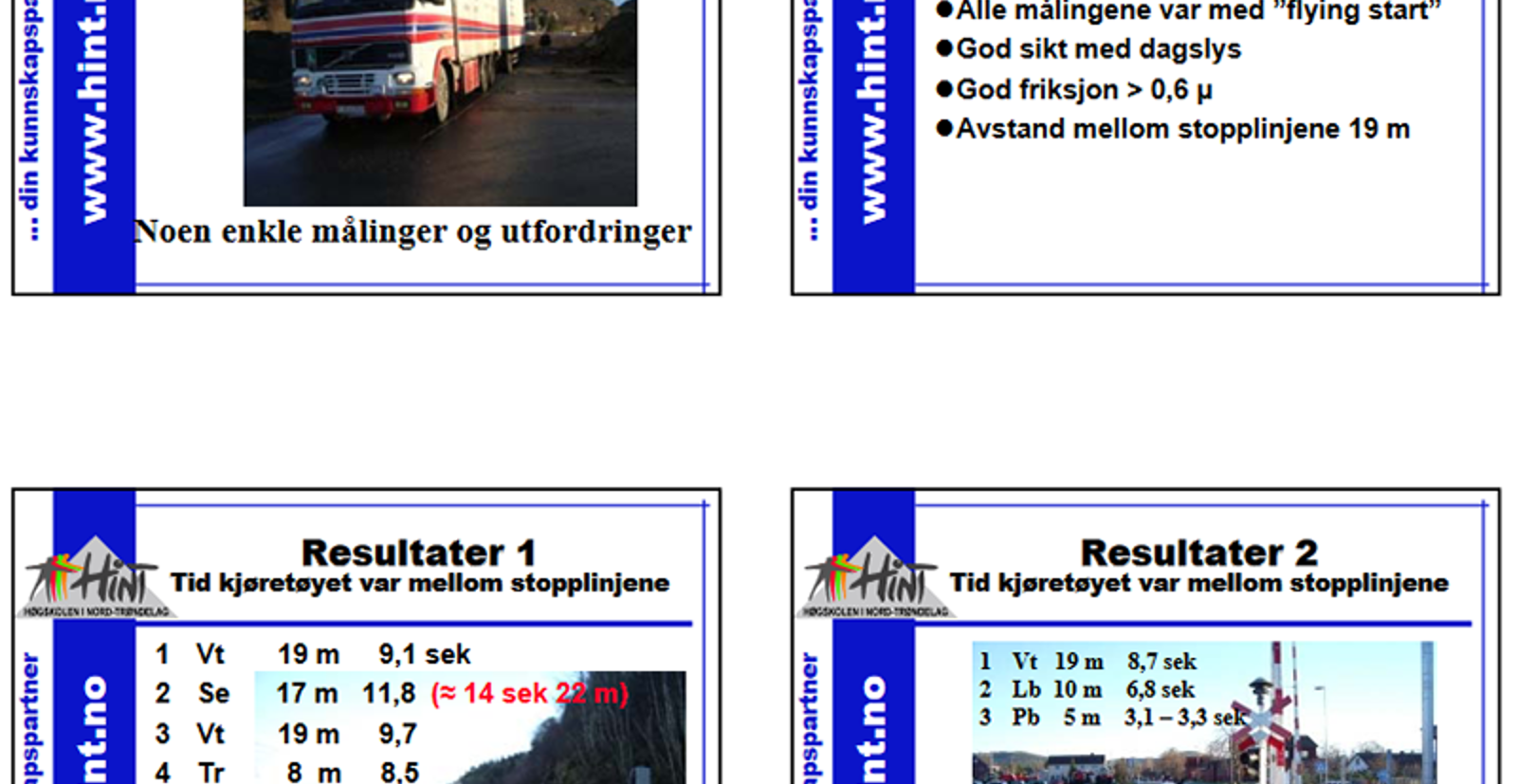 Fire lysbilder som dokumenterer feltmålinger av kjøretøy over planoverganger i 2004-modellen.