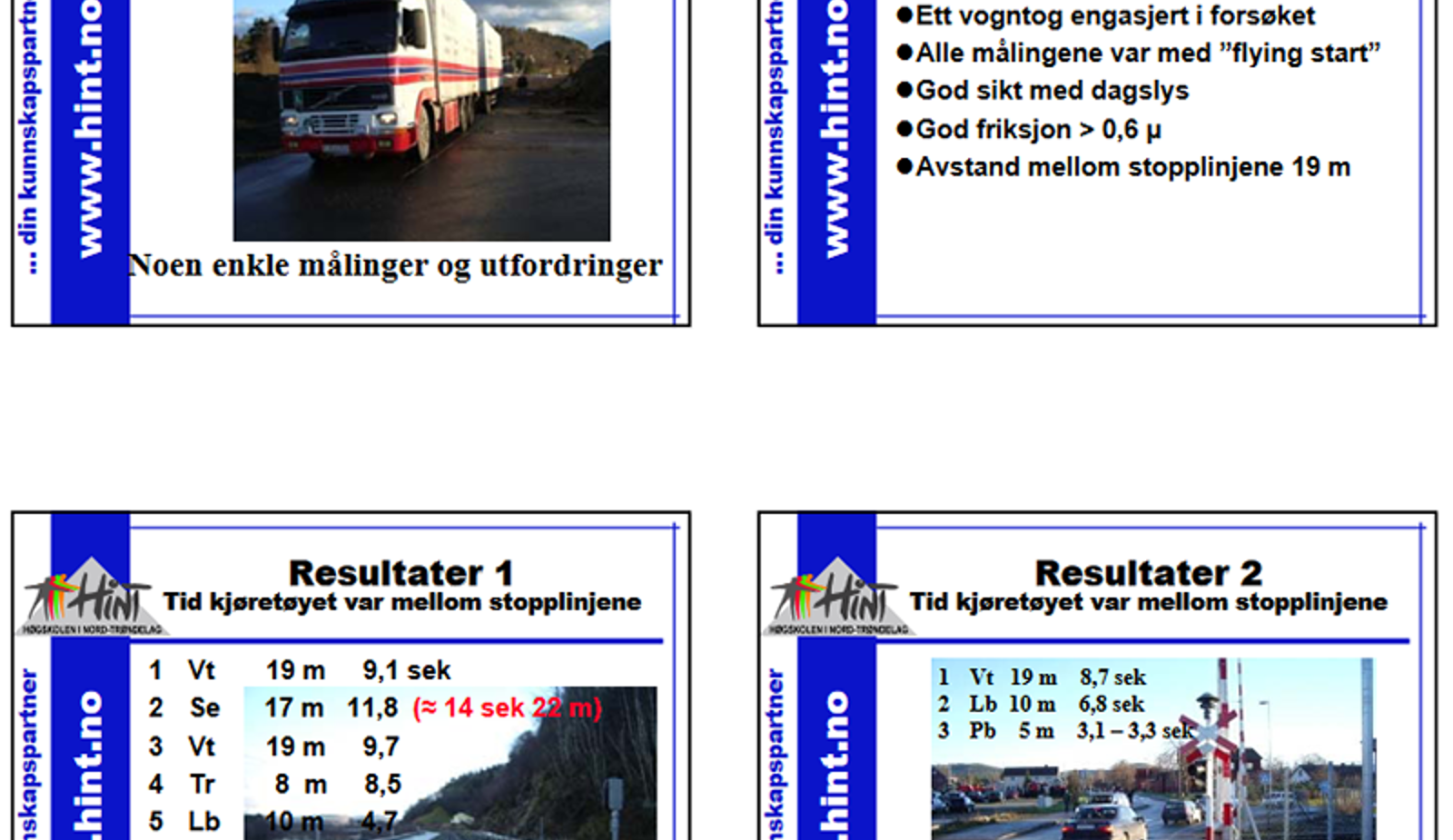 Fire lysbilder som dokumenterer feltmålinger av kjøretøy over planoverganger i 2004-modellen.