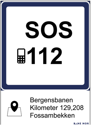 Nødnummermerke med 112, mobilikon og sted: Bergensbanen km 129,208 Fossambekken.