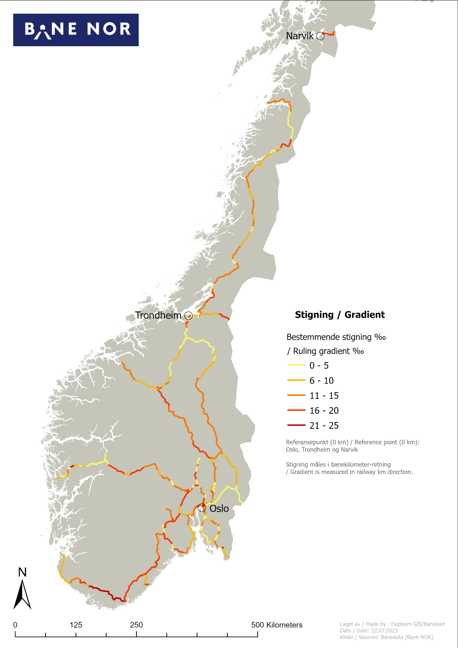 Kart over linjestigninger på jernbanenettet.