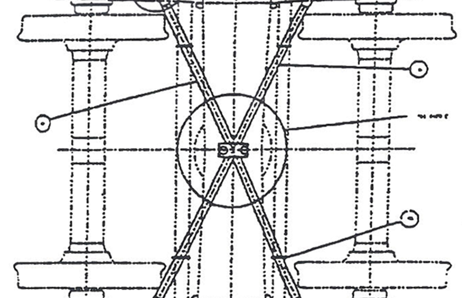 Diagram av en three-piece boggi med kryssede stenger og elastiske hylser.