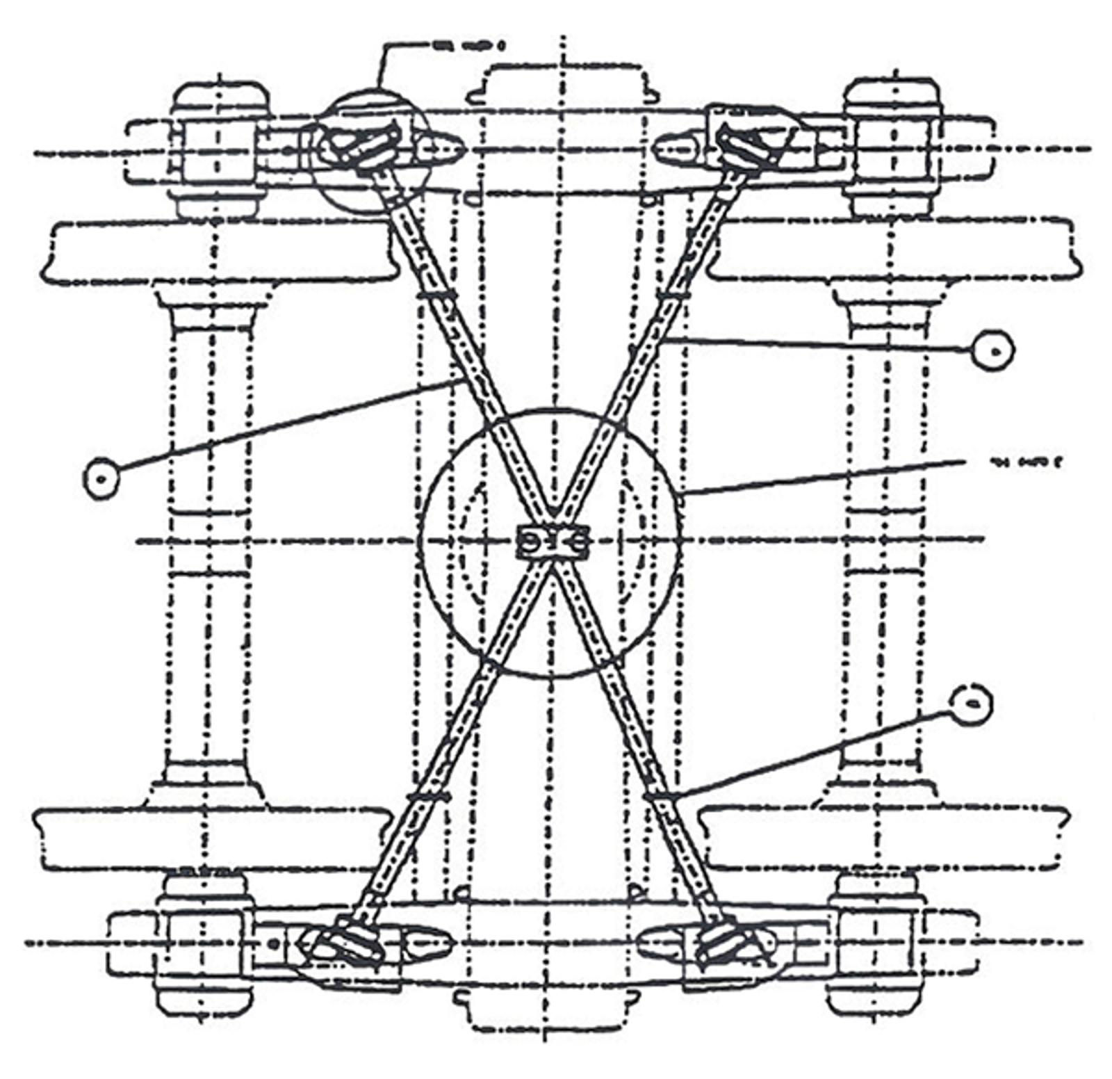 Diagram av en three-piece boggi med kryssede stenger og elastiske hylser.