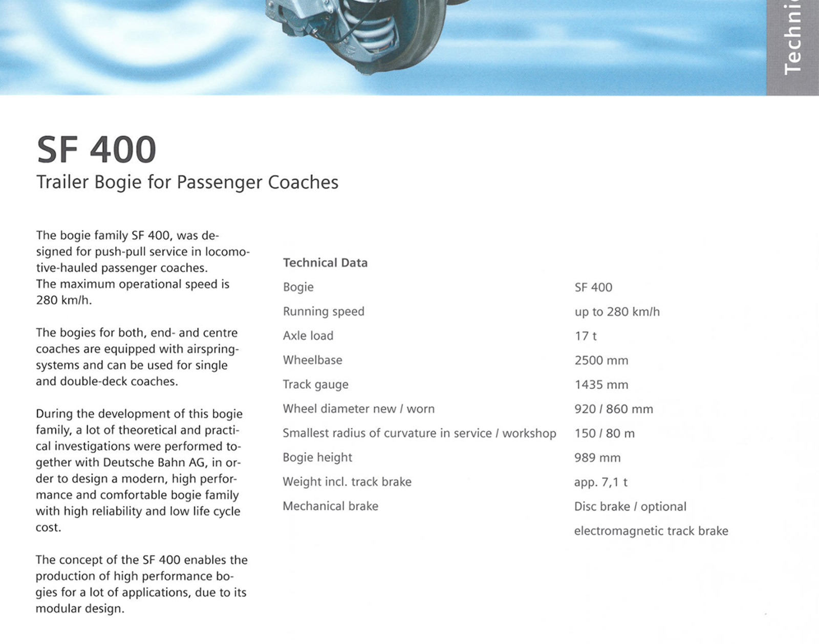 Teknisk informasjonsark for løpeboggi SF 400 fra Siemens.