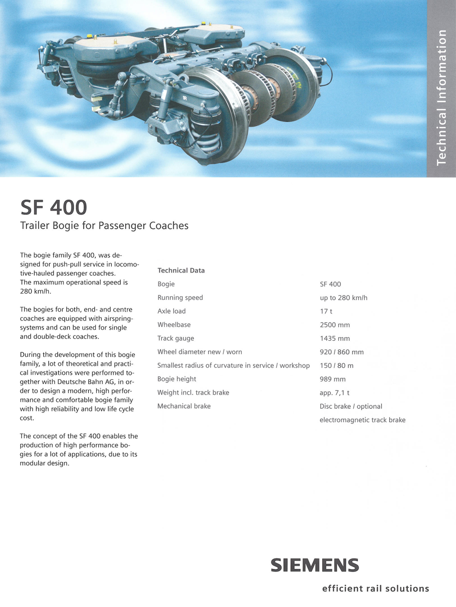 Teknisk informasjonsark for løpeboggi SF 400 fra Siemens.