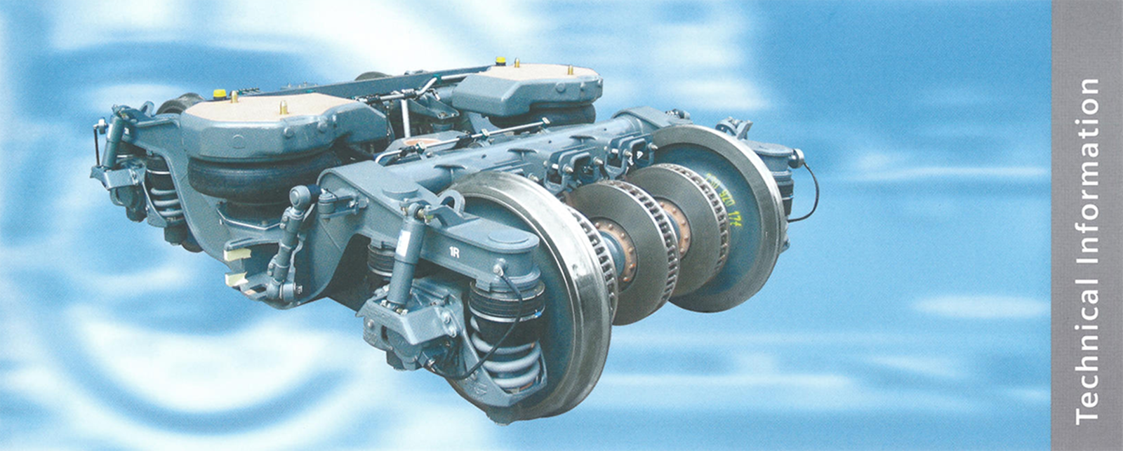 Moderne boggi med luftfjær som sekundærfjær, skivebremser og hydrauliske dempere.