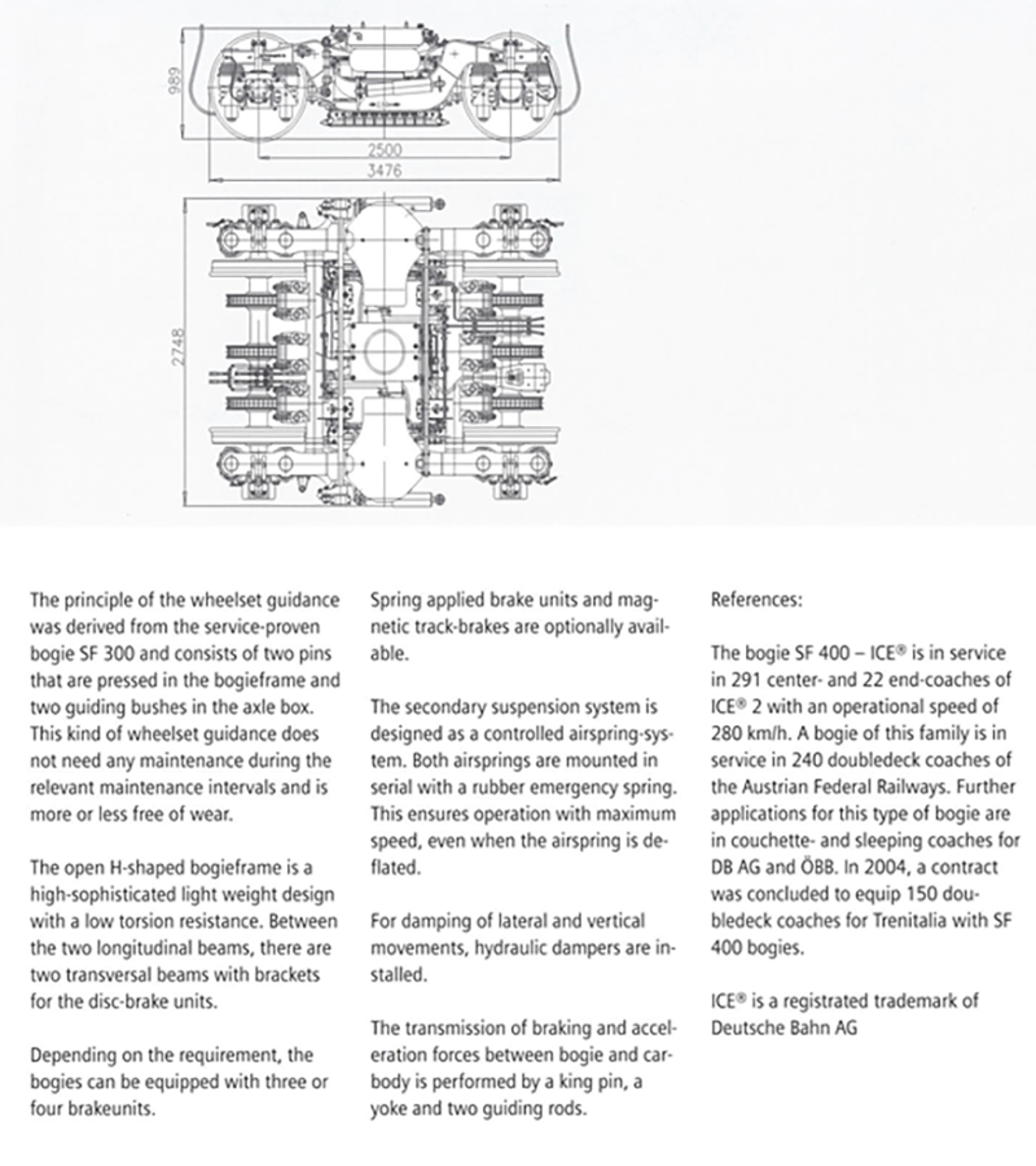 Eksempel på designtegning og tekniske spesifikasjoner for løpeboggi med bremseskiver.