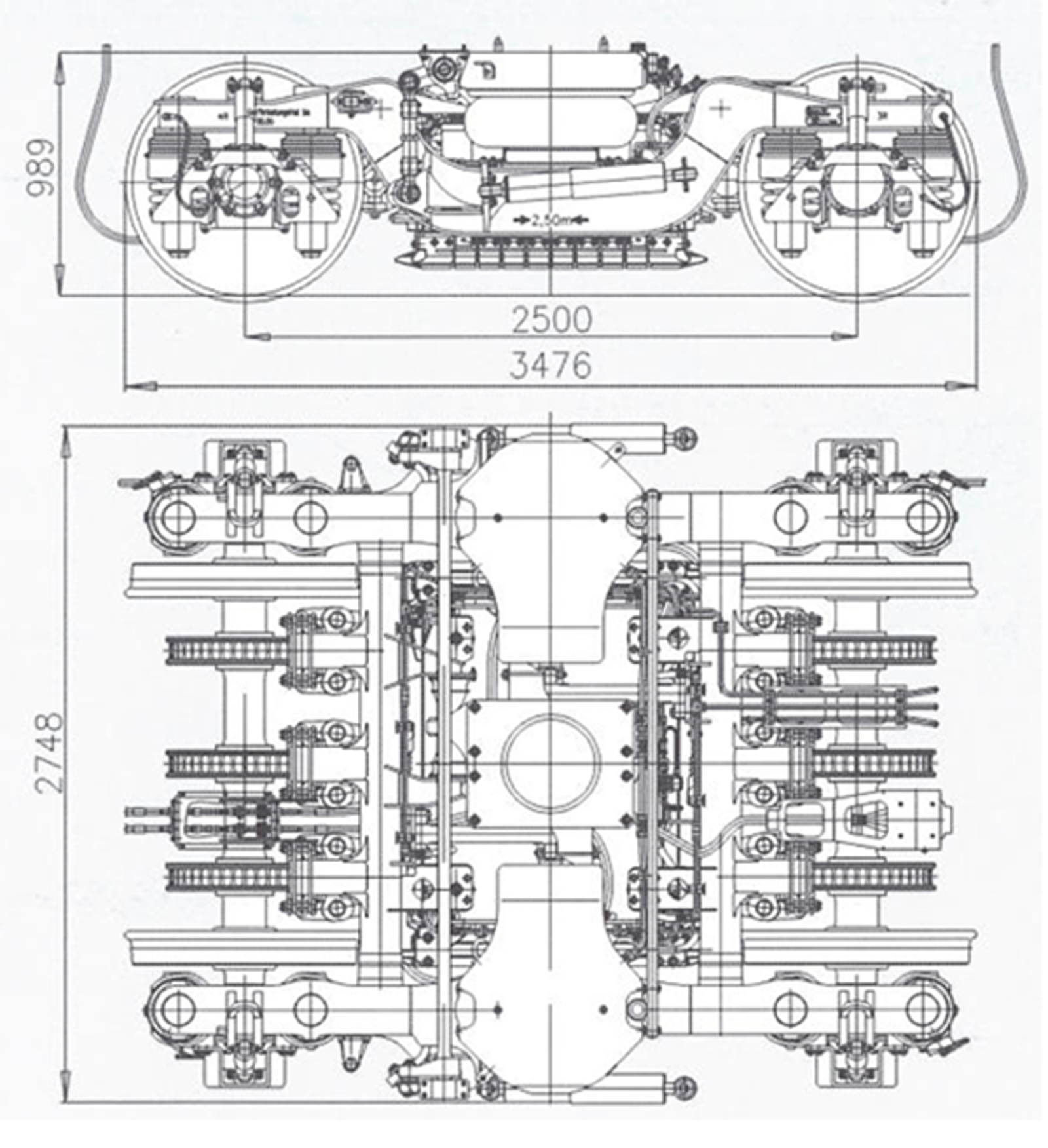 Teknisk tegning av en moderne boggiramme med splittede langbjelker i åpen H-konstruksjon.