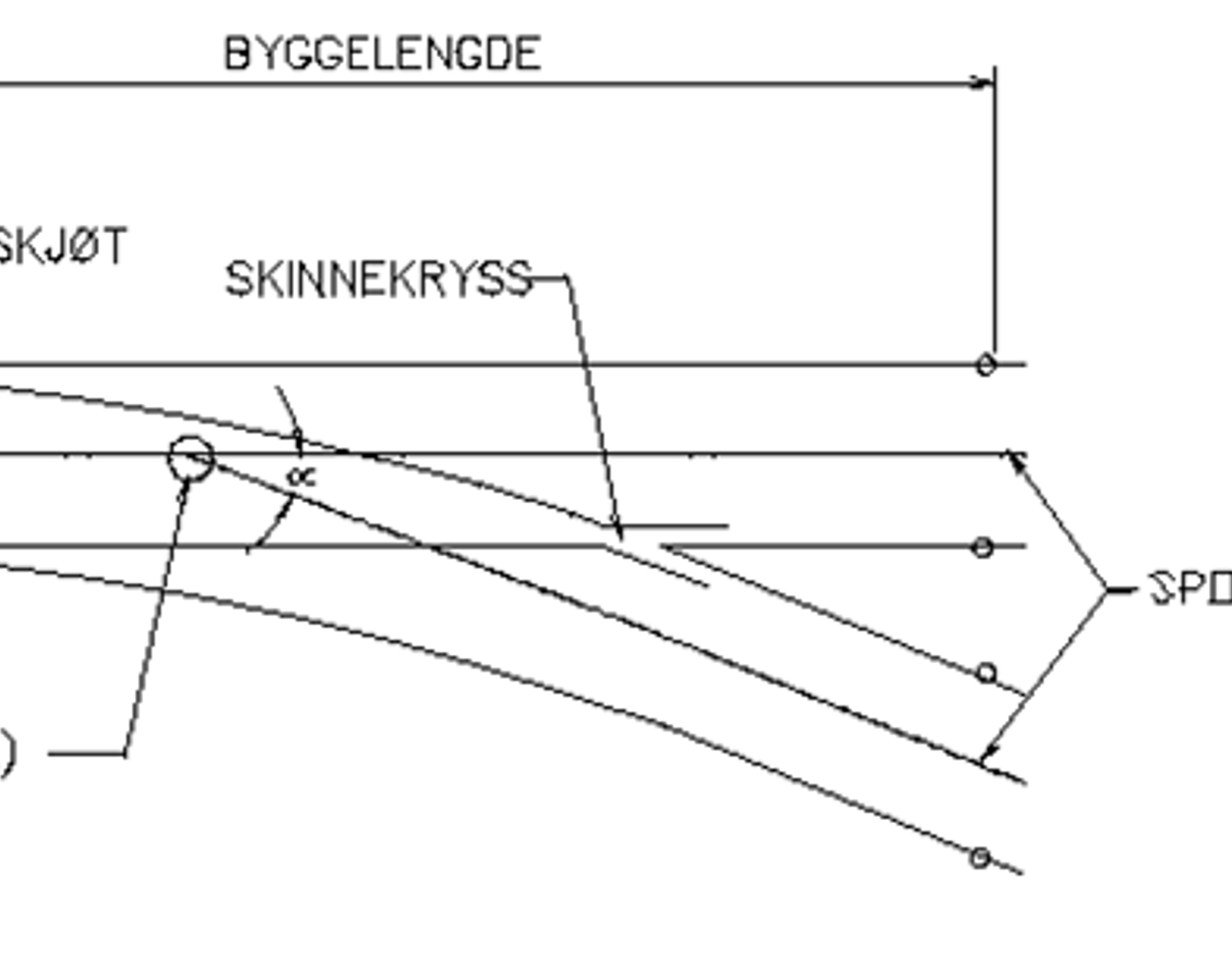 Enkel sporveksel med teoretisk kryss, byggelengde og stokkeskinneskjøt.
