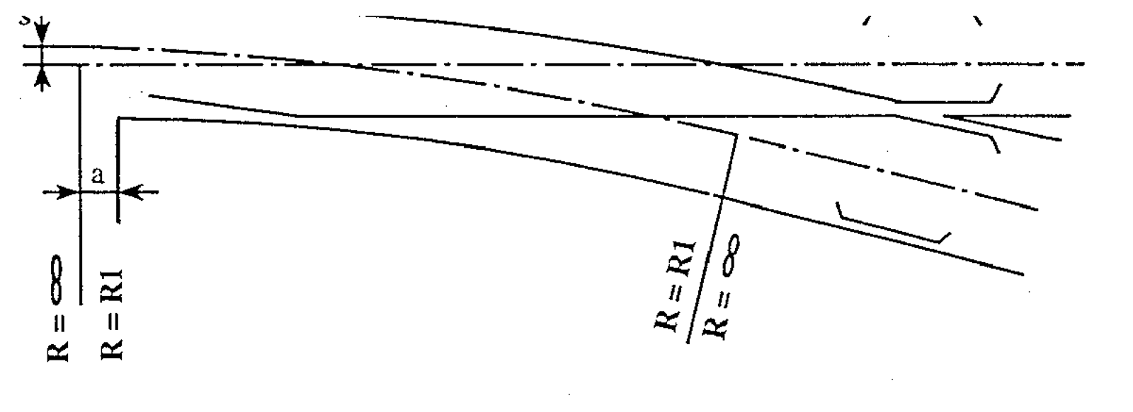Sporveksel med overskjærende kurve der avvikesporet skjærer hovedlinjen uten tangering.