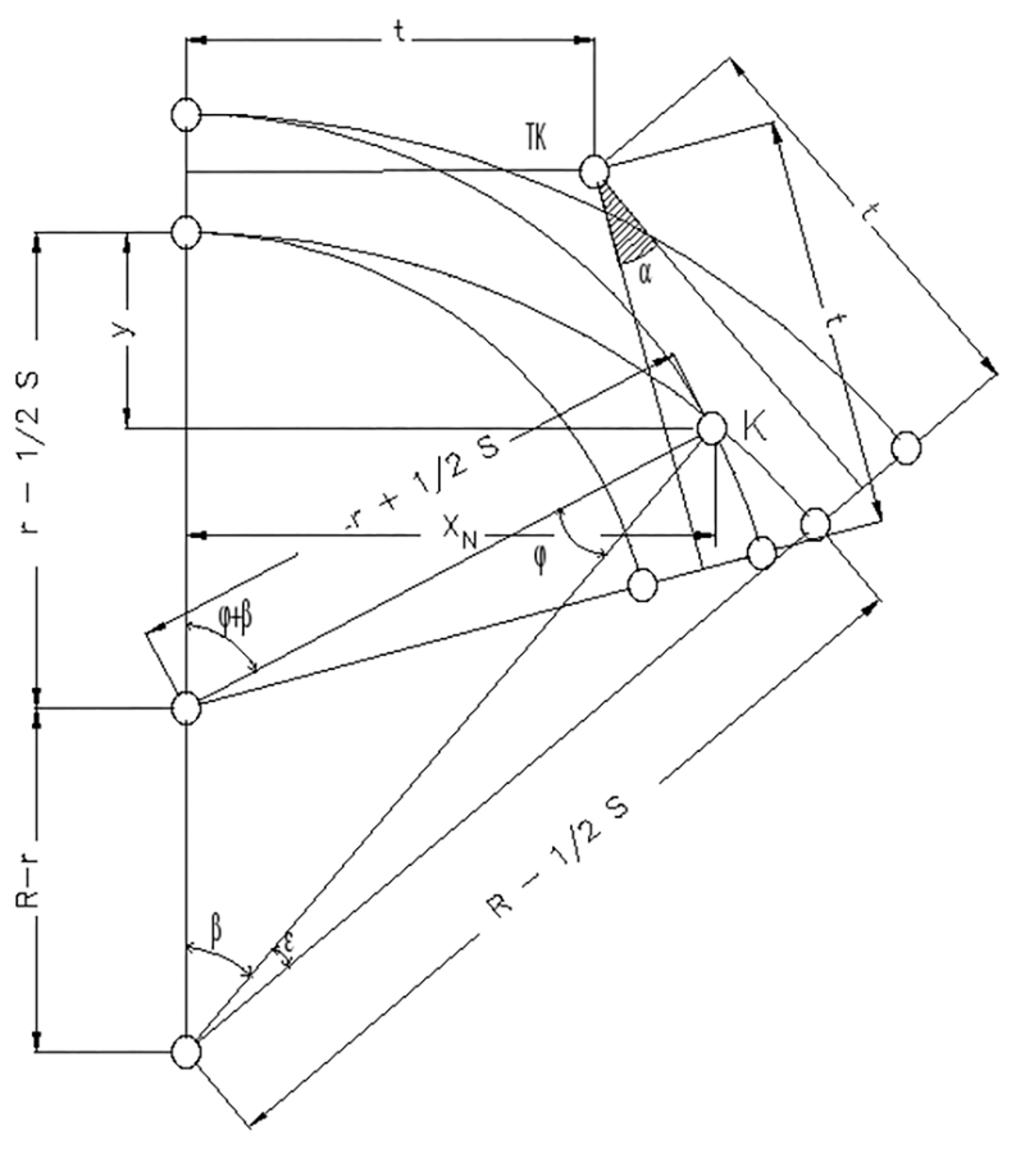 Beregning av geometri for innoverbøyd kurveveksel, med tangentlengder og vinkler illustrert.