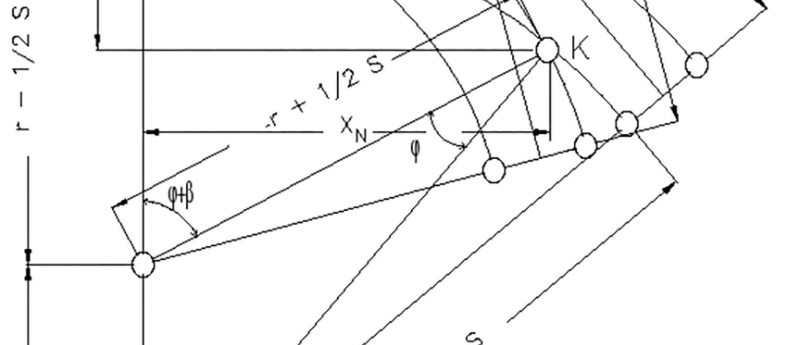 Beregning av geometri for innoverbøyd kurveveksel, med tangentlengder og vinkler illustrert.
