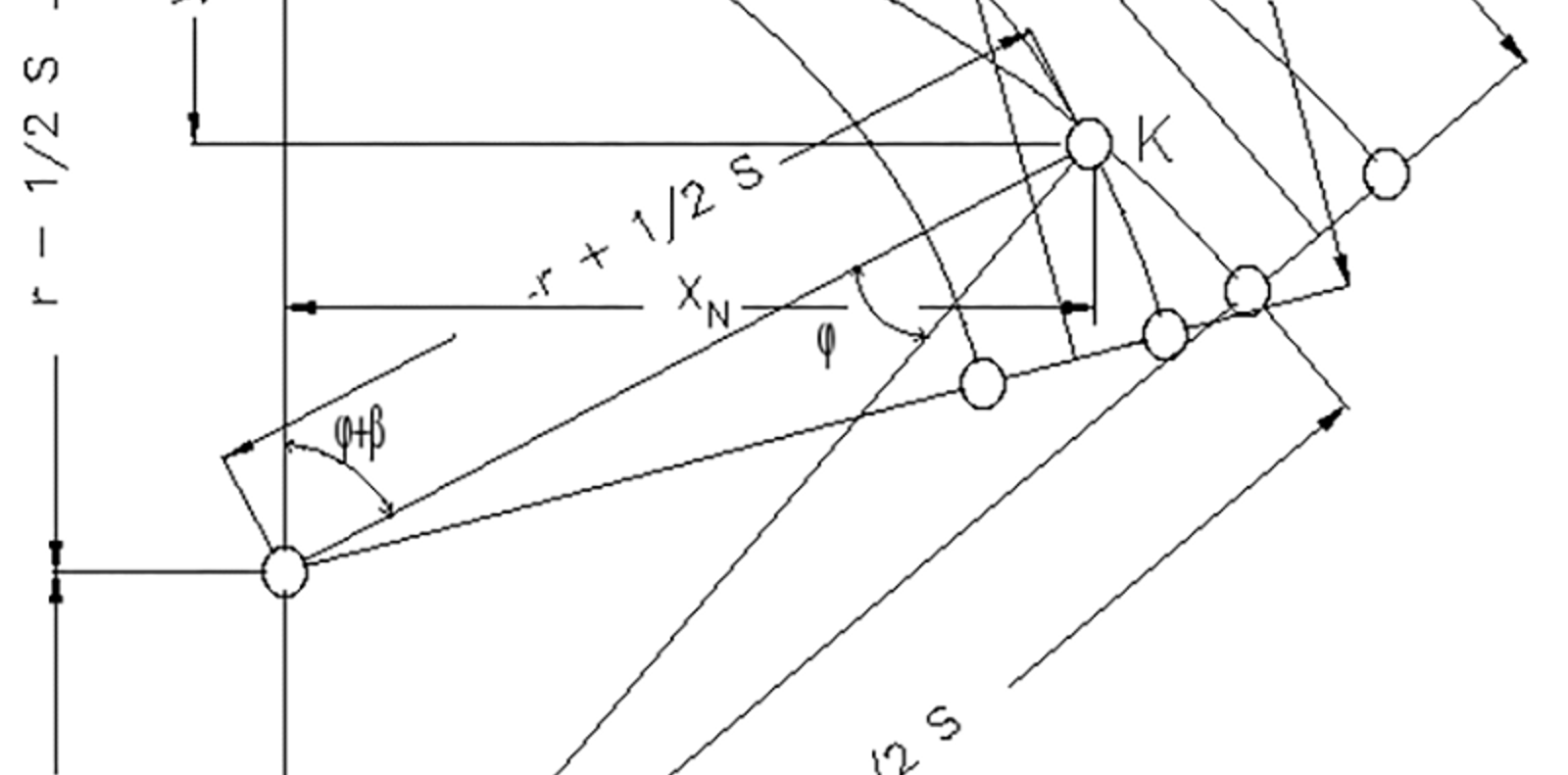 Beregning av geometri for innoverbøyd kurveveksel, med tangentlengder og vinkler illustrert.