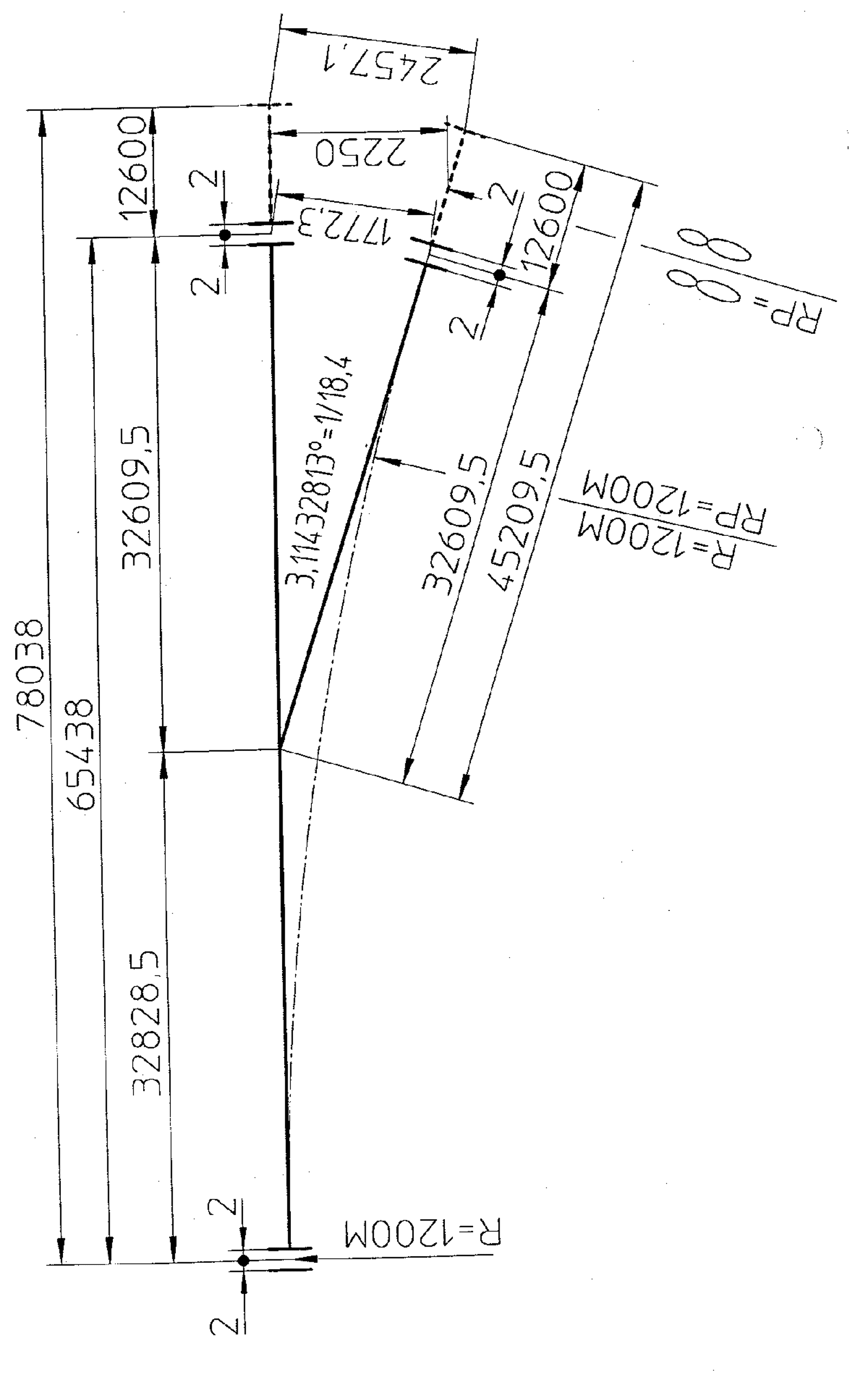 Klotoideveksel UIC60-60D 1:18,4/1200 m med hovedmål og kurvatur.