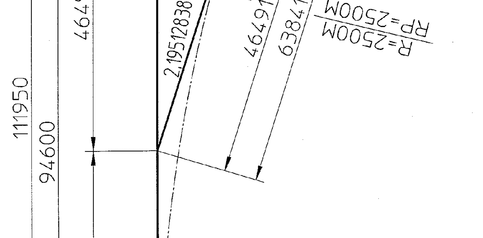 Klotoideveksel UIC60-60D 1:26,1/2400 m med hovedmål og kurvatur.