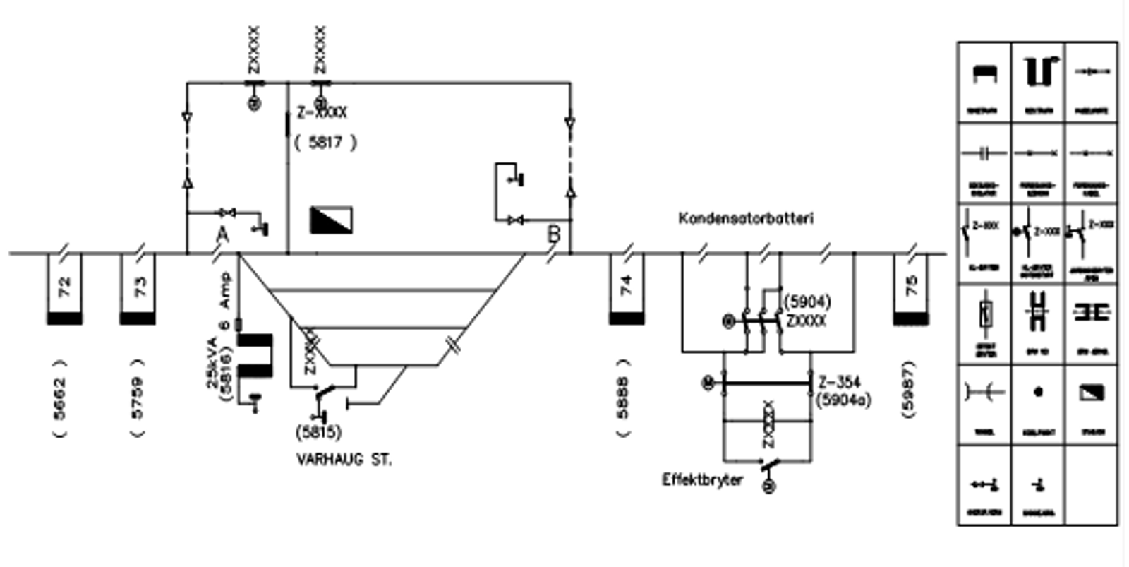 Koblingsbilde av enkelsporet strekning med stasjon, dødseksjon, kondensatorbatteri og seksjonering.