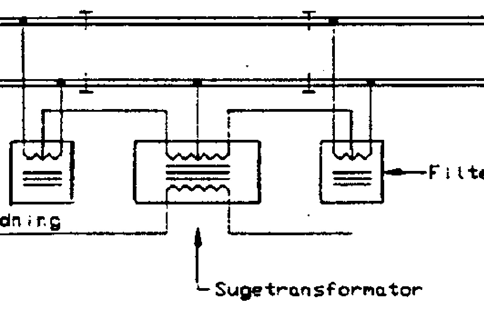 Skisse av sugetransformator med filterimpedanser på dobbeltisolert strekning.