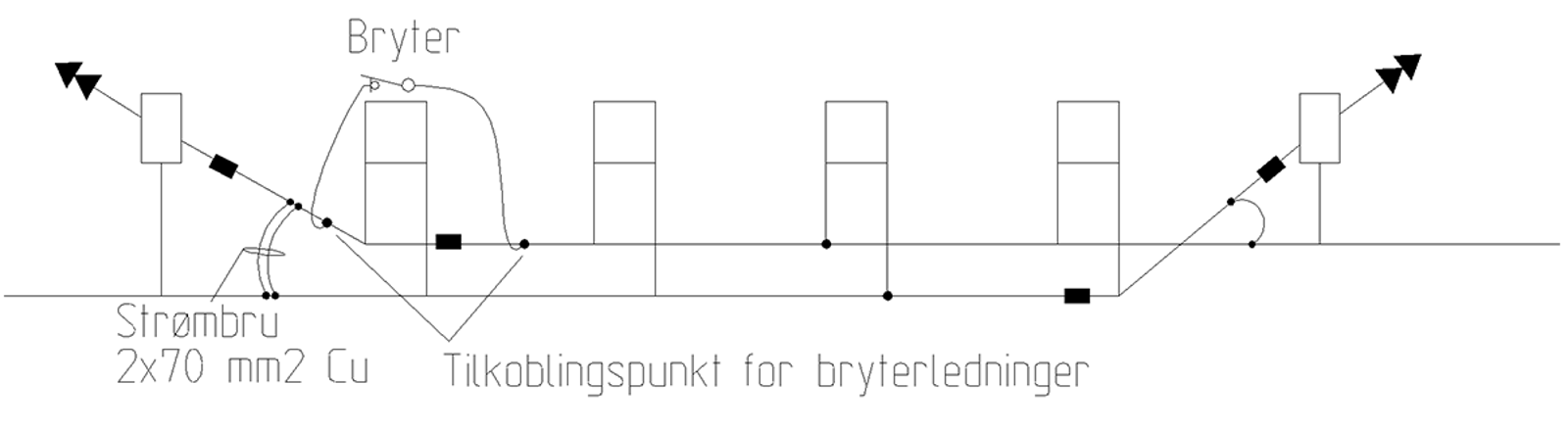 Bryter i femfelts seksjonsdele med droppkobling fra bryter til tilkoblingspunkt.
