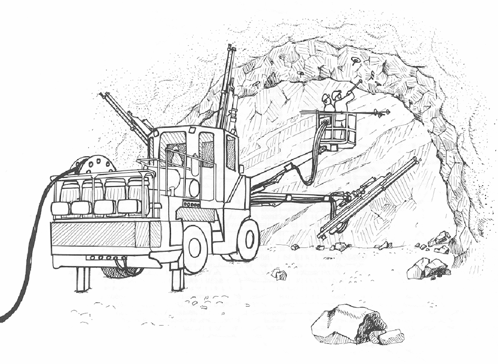 Borrigg med tre borebommer og en bom med korg, brukt i konvensjonell driving.