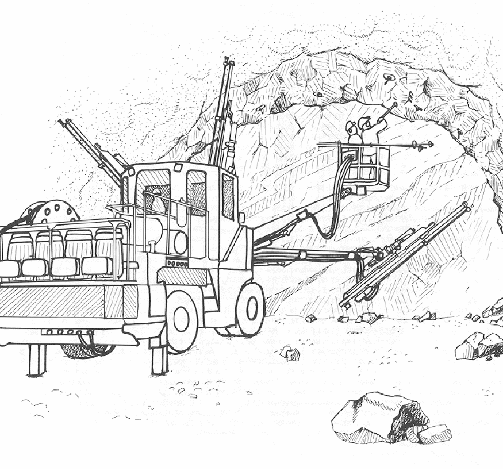 Borrigg med tre borebommer og en bom med korg, brukt i konvensjonell driving.