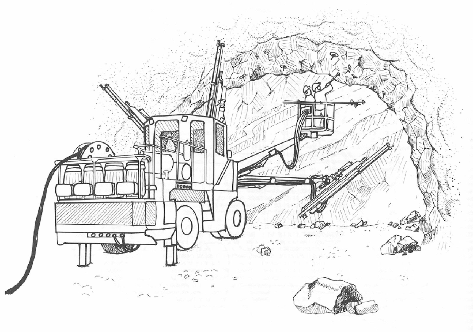 Borrigg med tre borebommer og en bom med korg, brukt i konvensjonell driving.