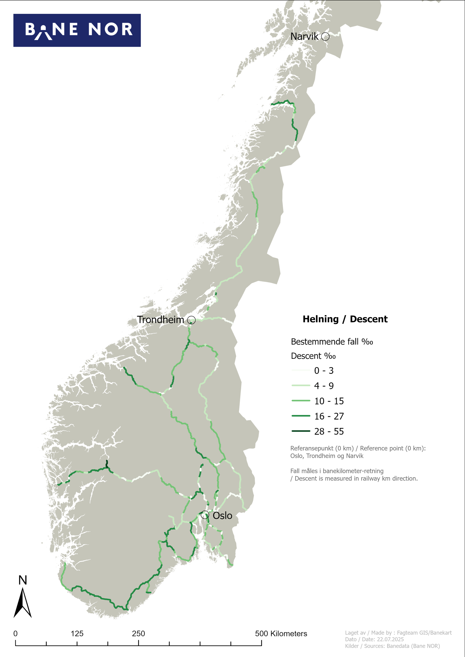 Kart over linjefall på jernbanenettet.