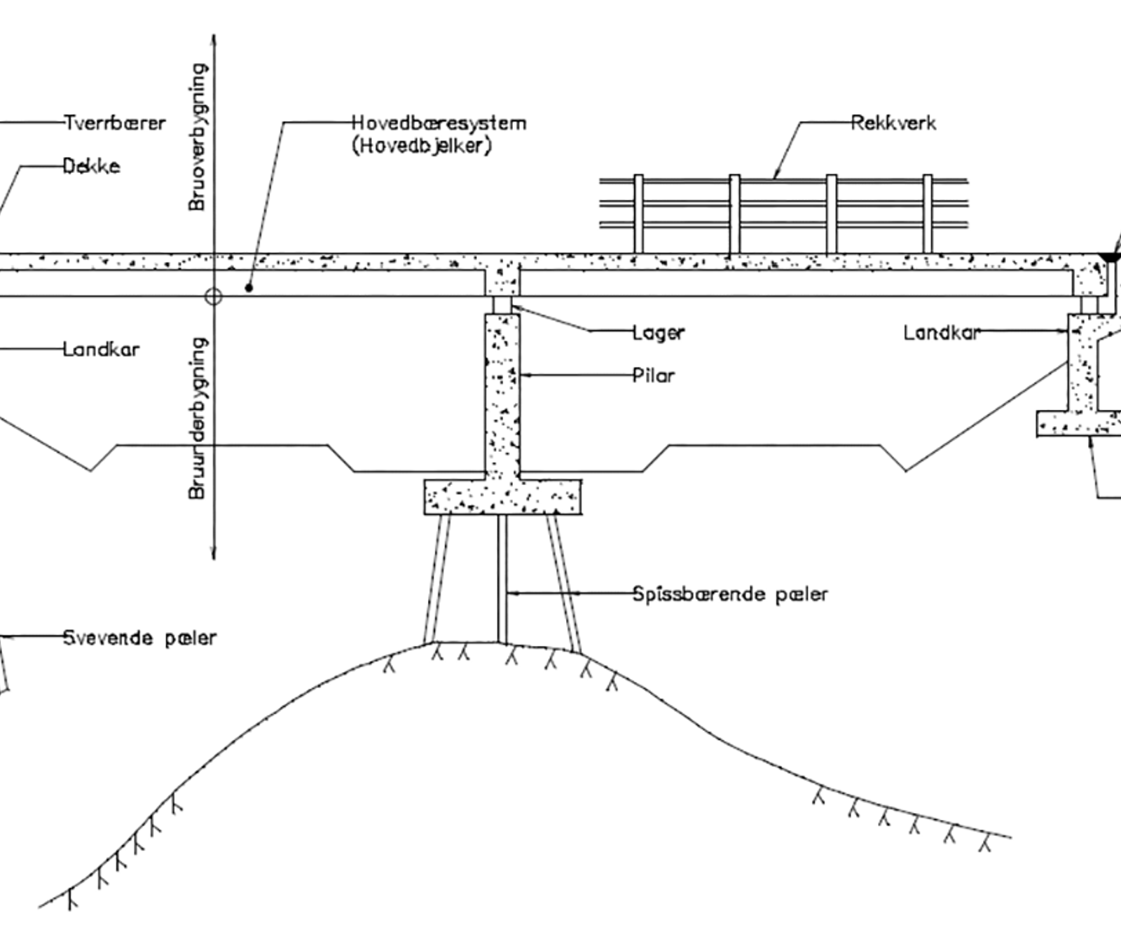 Lengdesnitt av jernbanebru med pilarer, landkar og ulike konstruksjonselementer markert.