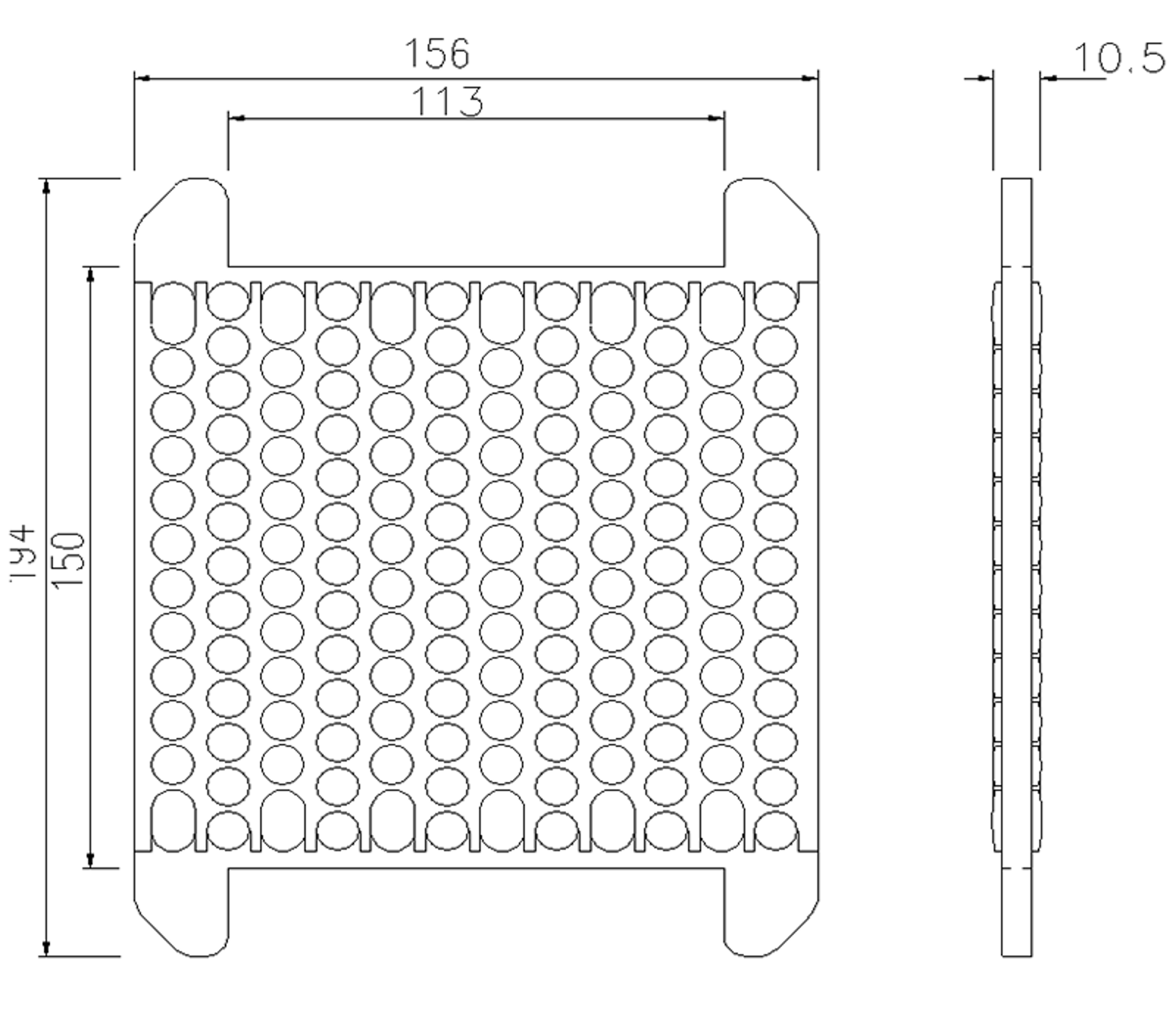 Teknisk tegning av Pandrol 10 mm gummimellomlegg i knottet utførelse med mål.