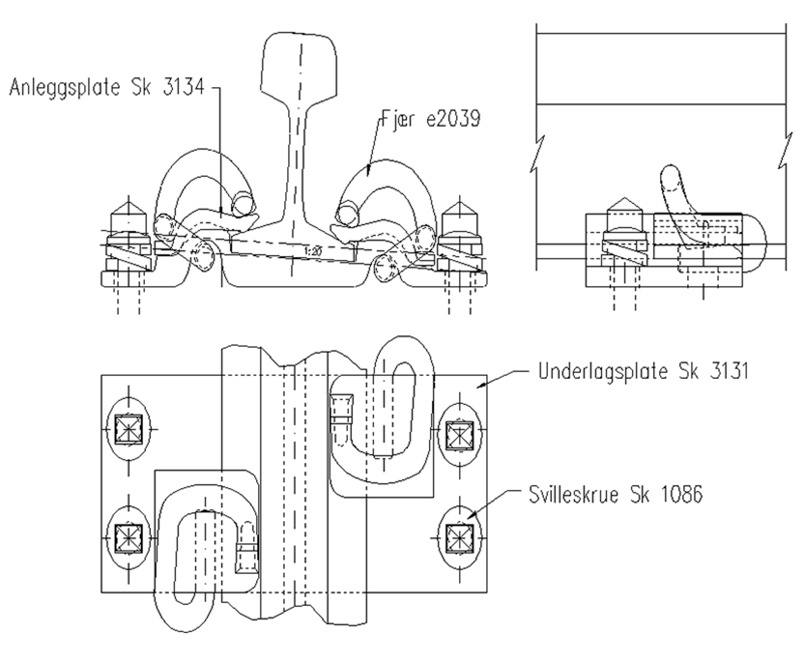 Teknisk tegning av Pandrol Railfree befestigelse med anleggsplate, fjær og svilleskruer.