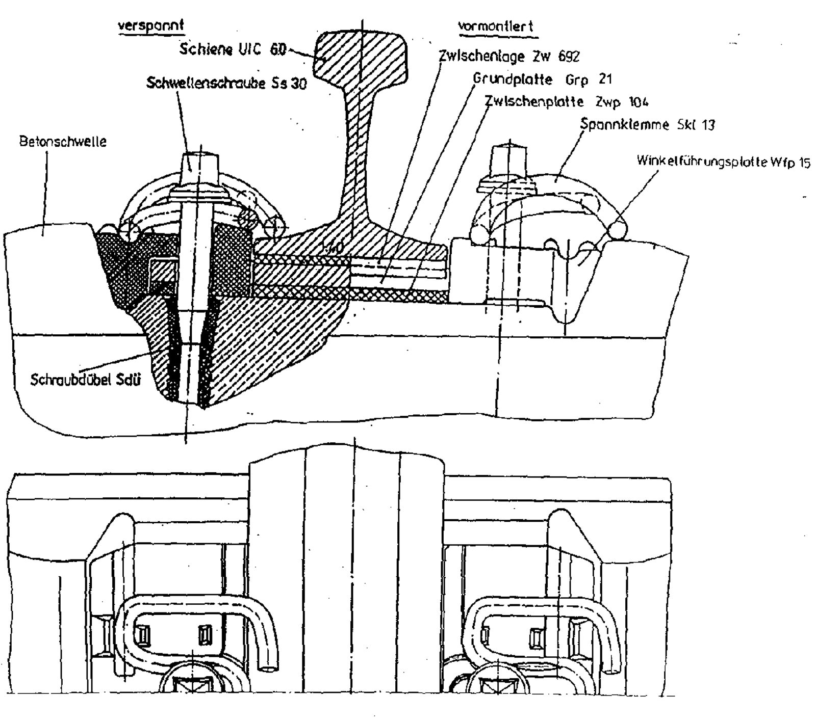 Teknisk tegning av VOSSLOH Ioarv 300 befestigelse for ballastfritt spor med elastiske mellomlegg.