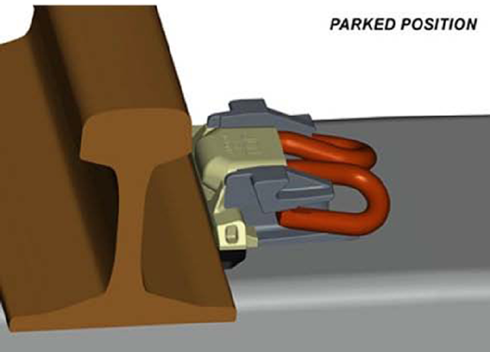 Pandrol Fastclip i parkert posisjon, klar for justering.