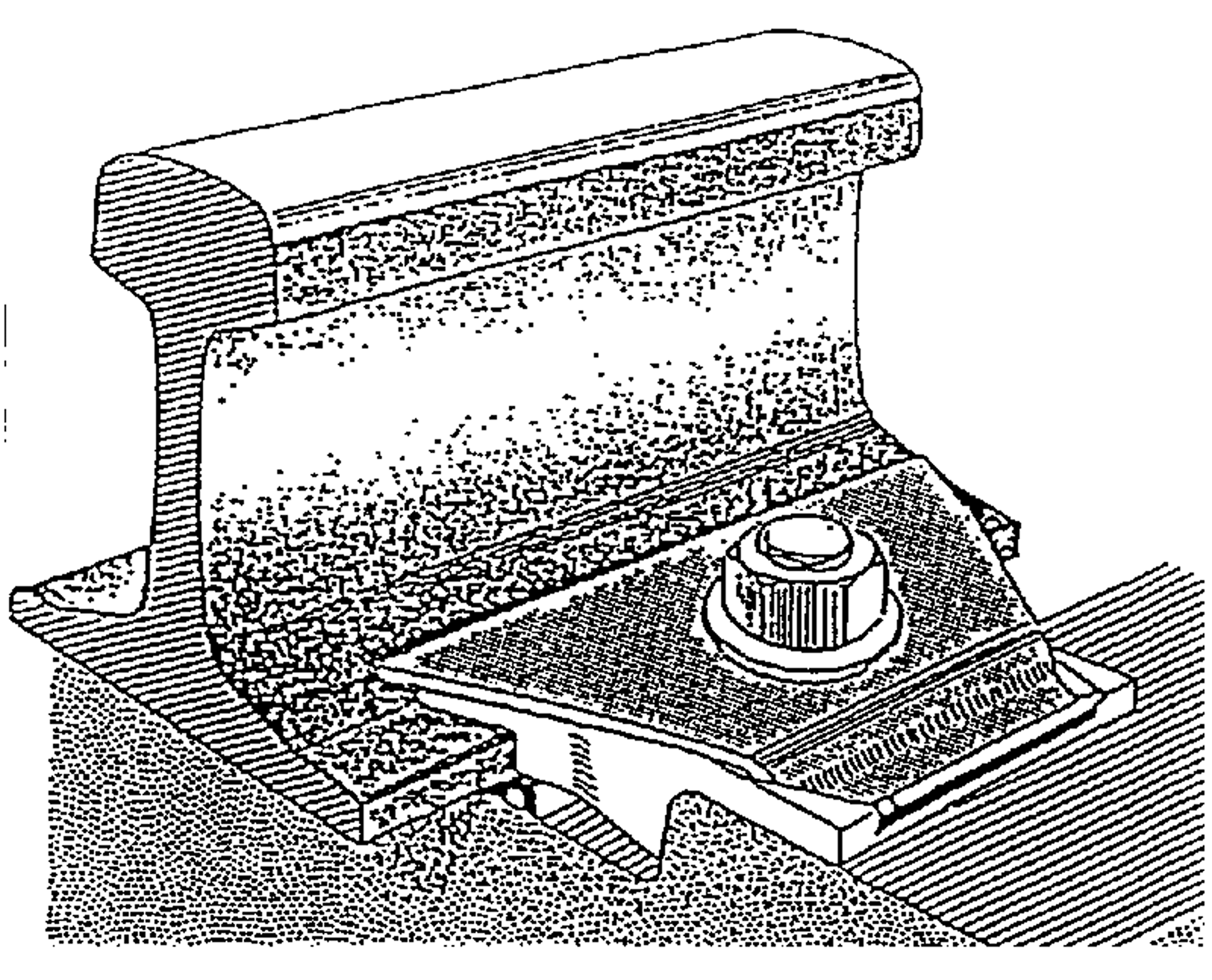 Illustrasjon av NABLA-befestigelse med klemplate, mutter og underlagsplate på en skinnefot.
