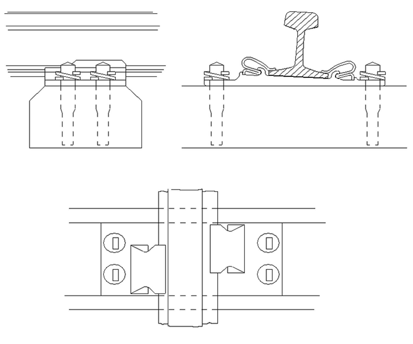 Teknisk tegning av Hey-Back befestigelse med fire skruer, underlagsplate og fjærer.