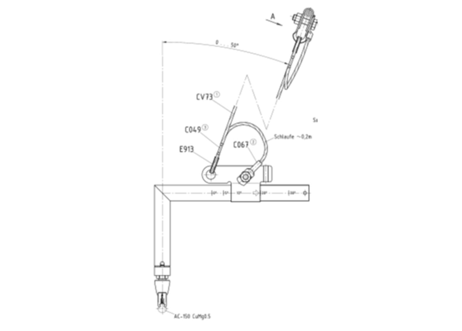 Hengetrådklemme i 50° vinkel for bruk i klemfritt rom, med fastklemme og støttearm.