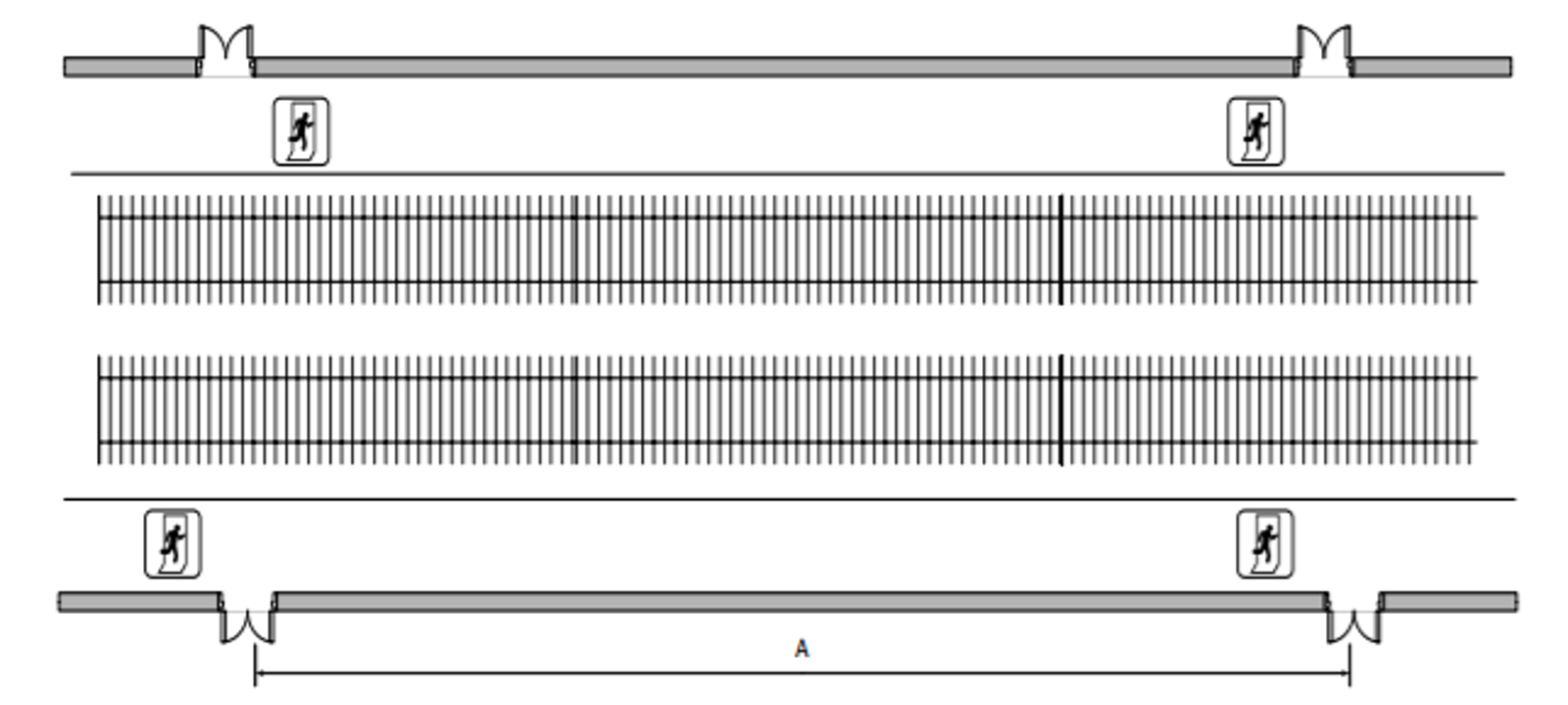 Skisse som viser avstand til sikre områder i en togtunnel, med nødutganger på begge sider.