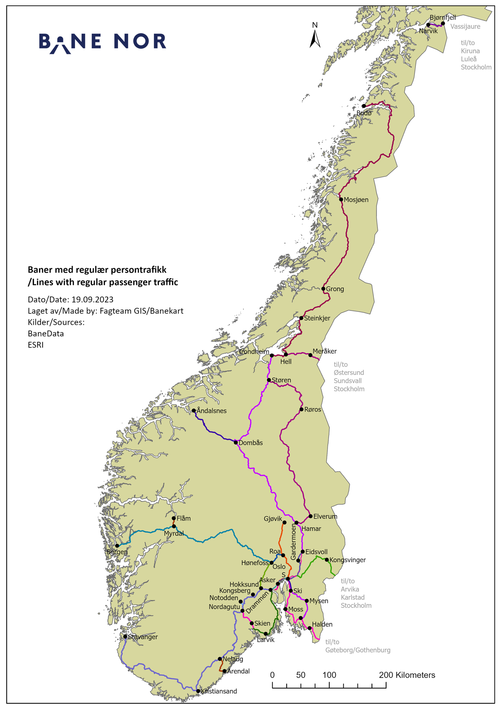 Strekningskart som viser de ulike strekningene langs det norske jernbanenettverket. 