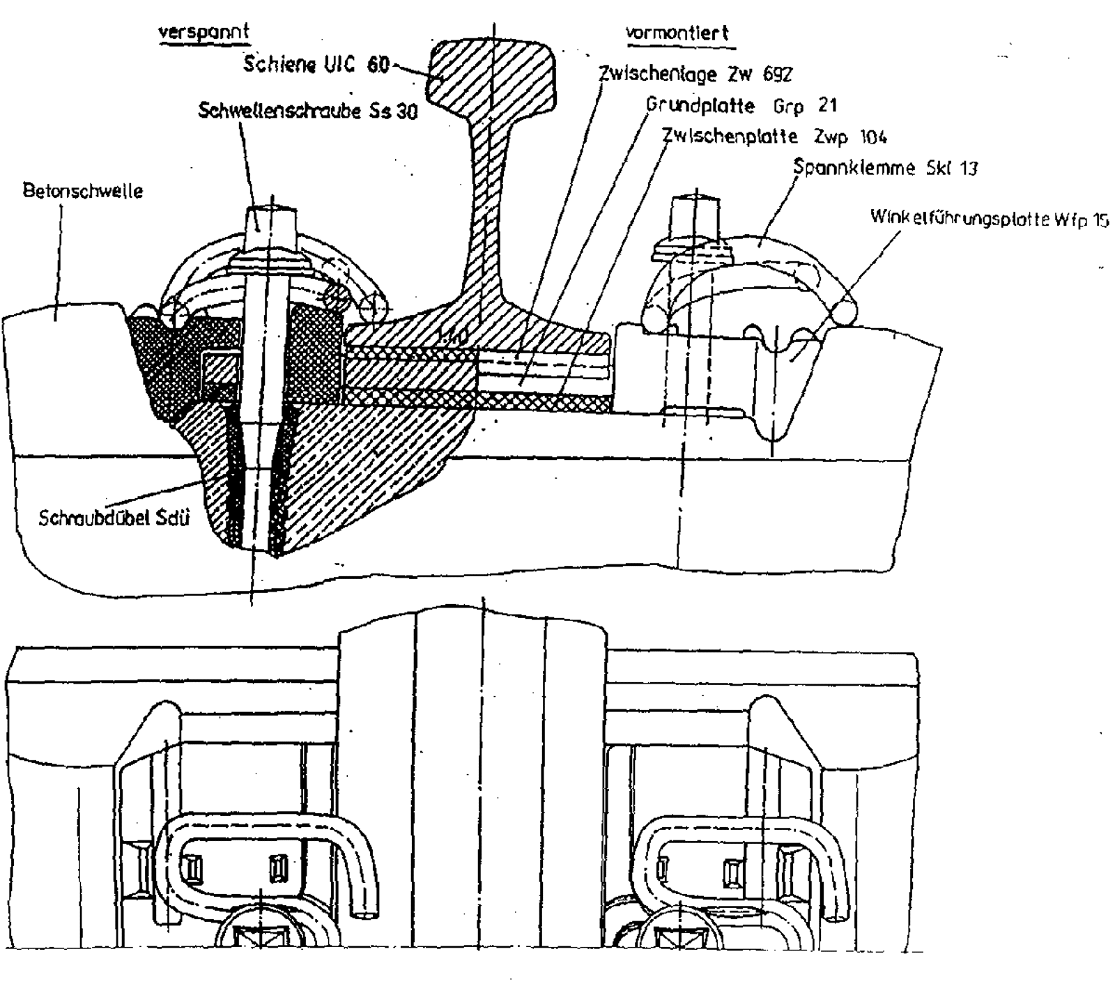 Snitt av VOSSLOH Ioarv 300-befestigelse for fast spor med justerbarhet i høyde og side.