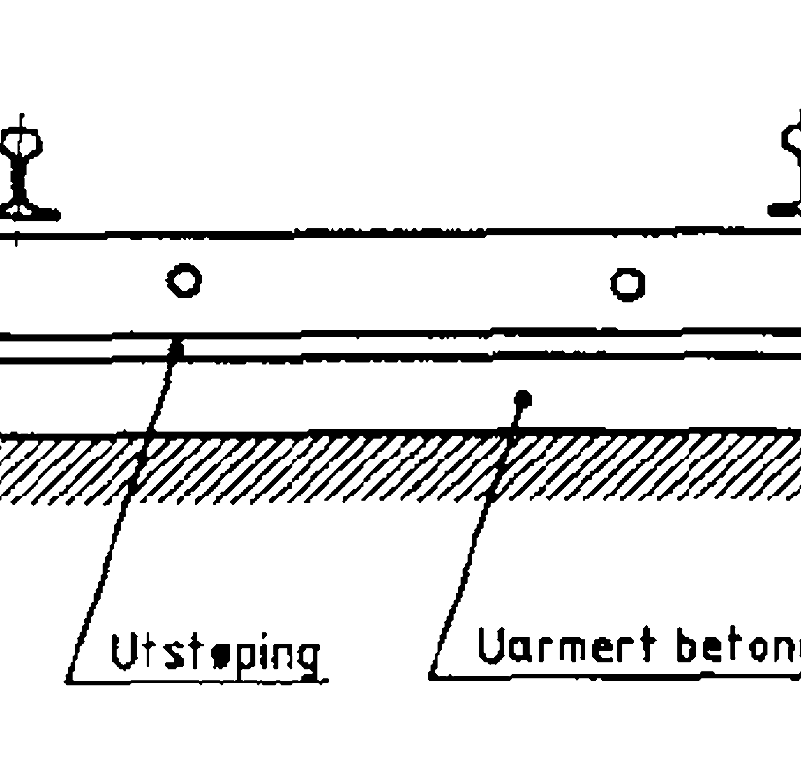 Prinsippskisse av Rheda/Sengeberg fast spor med uarmert betongtrau og utsparinger.