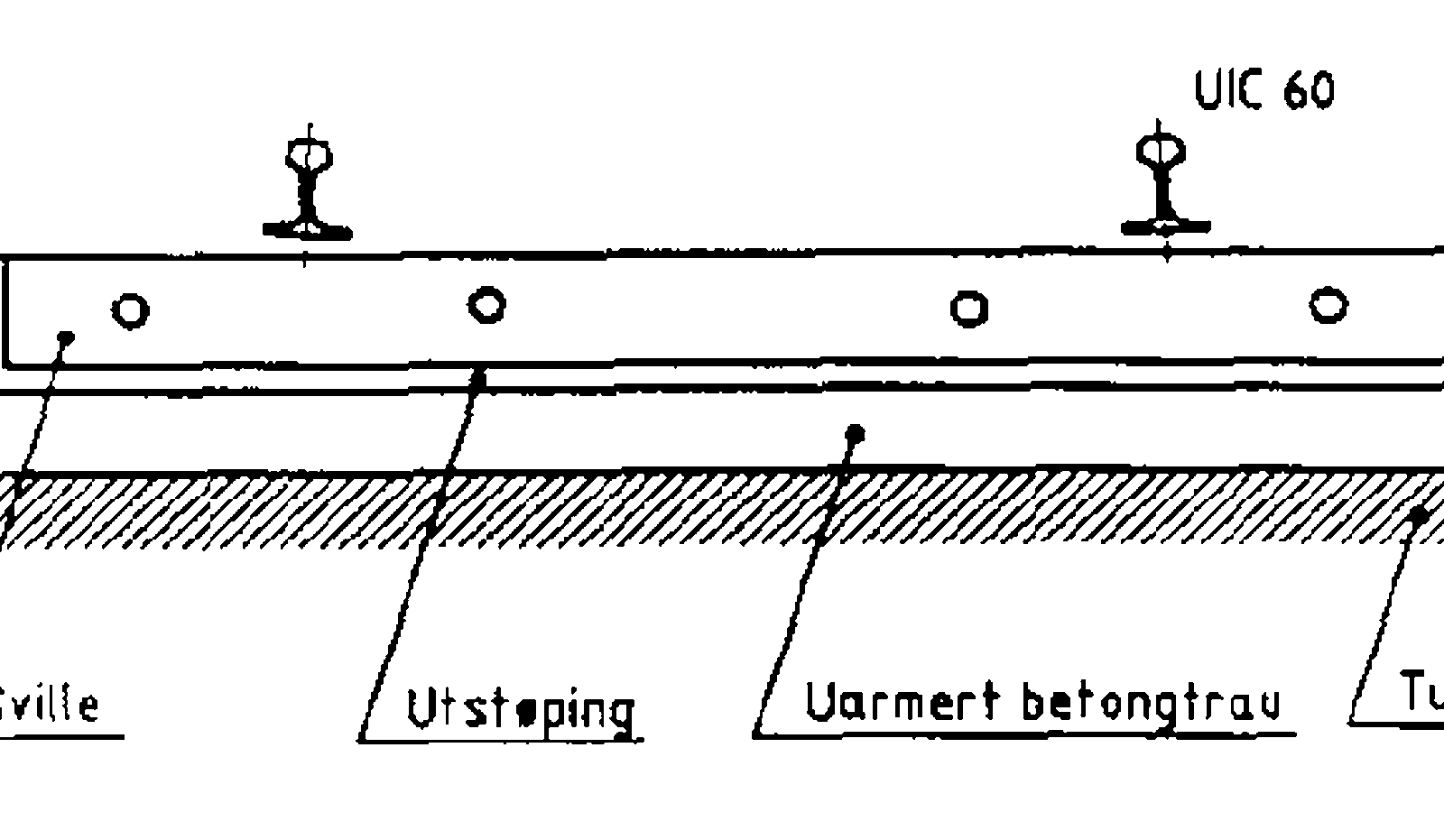 Prinsippskisse av Rheda/Sengeberg fast spor med uarmert betongtrau og utsparinger.