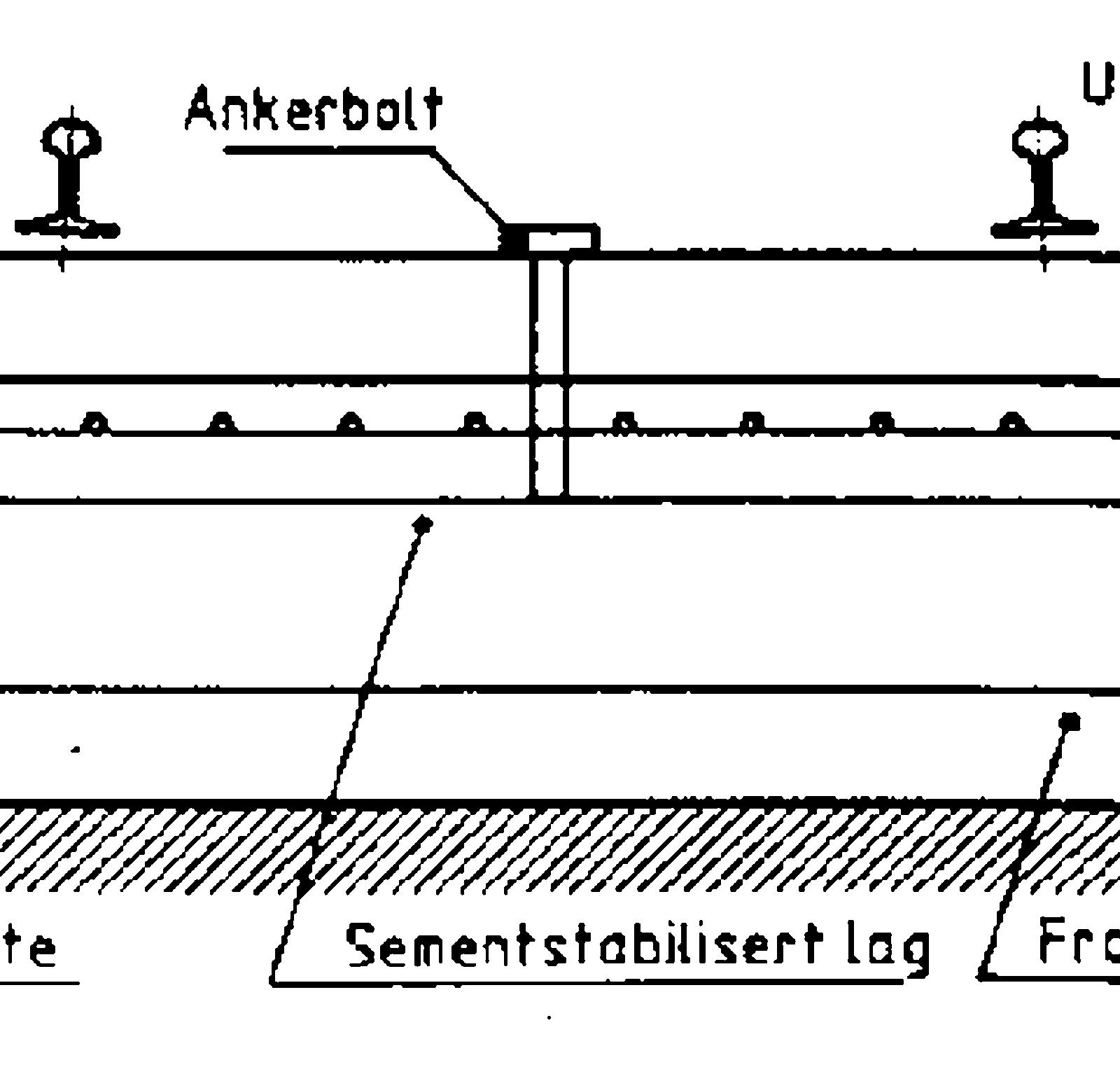 Prinsippskisse av BTD V2 fast spor med stålforankring og armert betongbærelag.